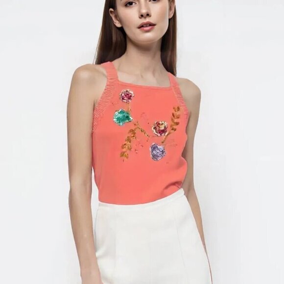 Vintage Coral Pink Beaded Floral Ribbed top - Picture 1 of 5